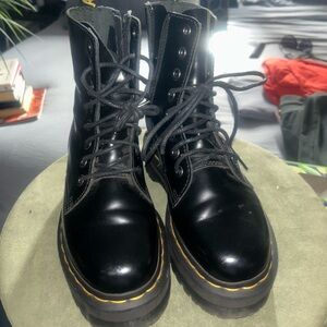 Dr. Martens Black Leather Platform Lace-Up Boots with Yellow Welt Stitching Sz 5
